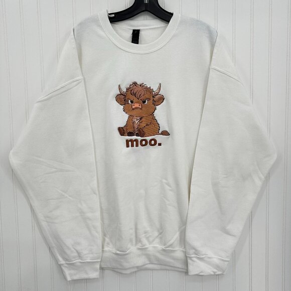 Grumpy Highland Cow Embroidered Adult Unisex Crewneck Sweatshirt - Picture 3 of 16